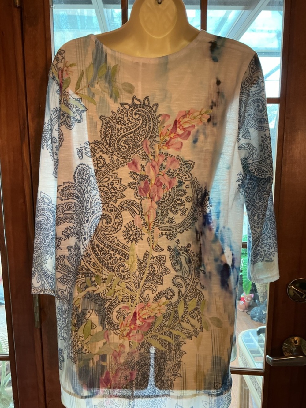 Chico's Light Blue Tunic with Navy Paisley & Pink Floral Accents